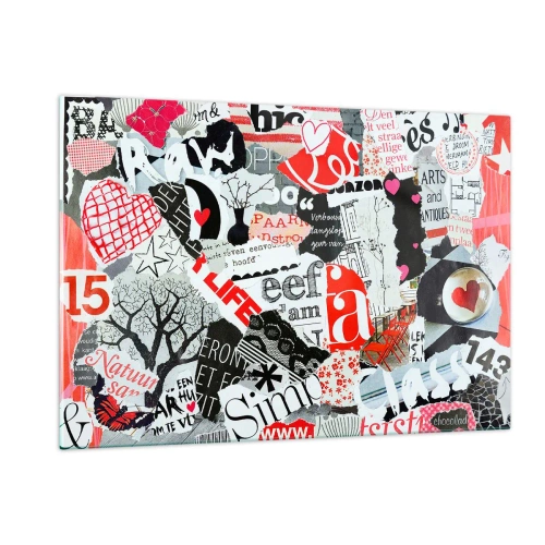 Glasbild - Bild auf glas - Eine Collage aus Buchstaben, Herzen und Bäumen im künstlerischen Stil. - 120x80cm - Hipster-Collage - Moderne Wanddekoration für Wohnzimmer und Schlafzimmer ARTTOR
