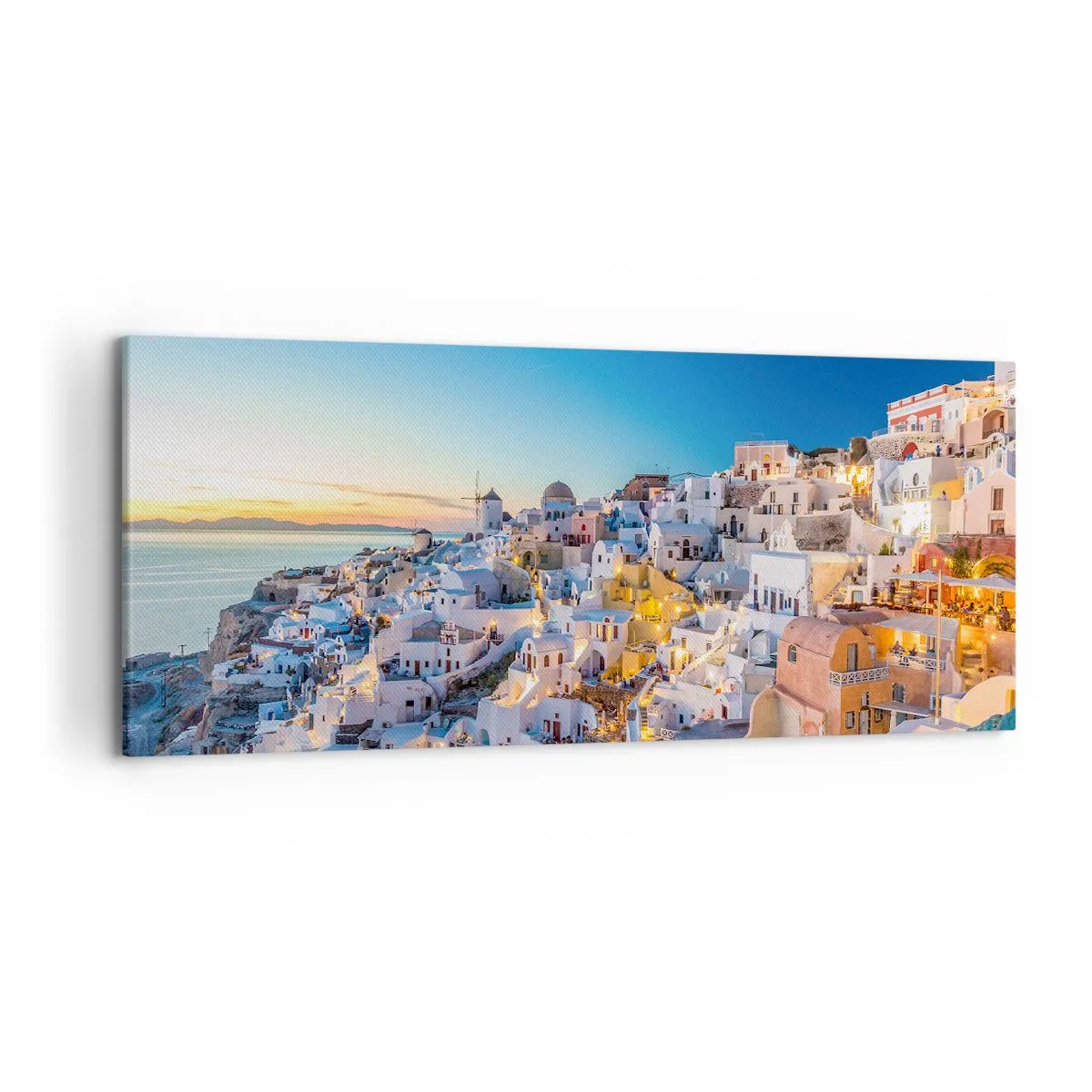 Bild auf Leinwand - Leinwandbild - Blick auf eine griechische Stadt bei Sonnenuntergang - 120x50cm - Die Essenz des Griechischen - Moderne Wanddekoration für Wohnzimmer und Schlafzimmer ARTTOR