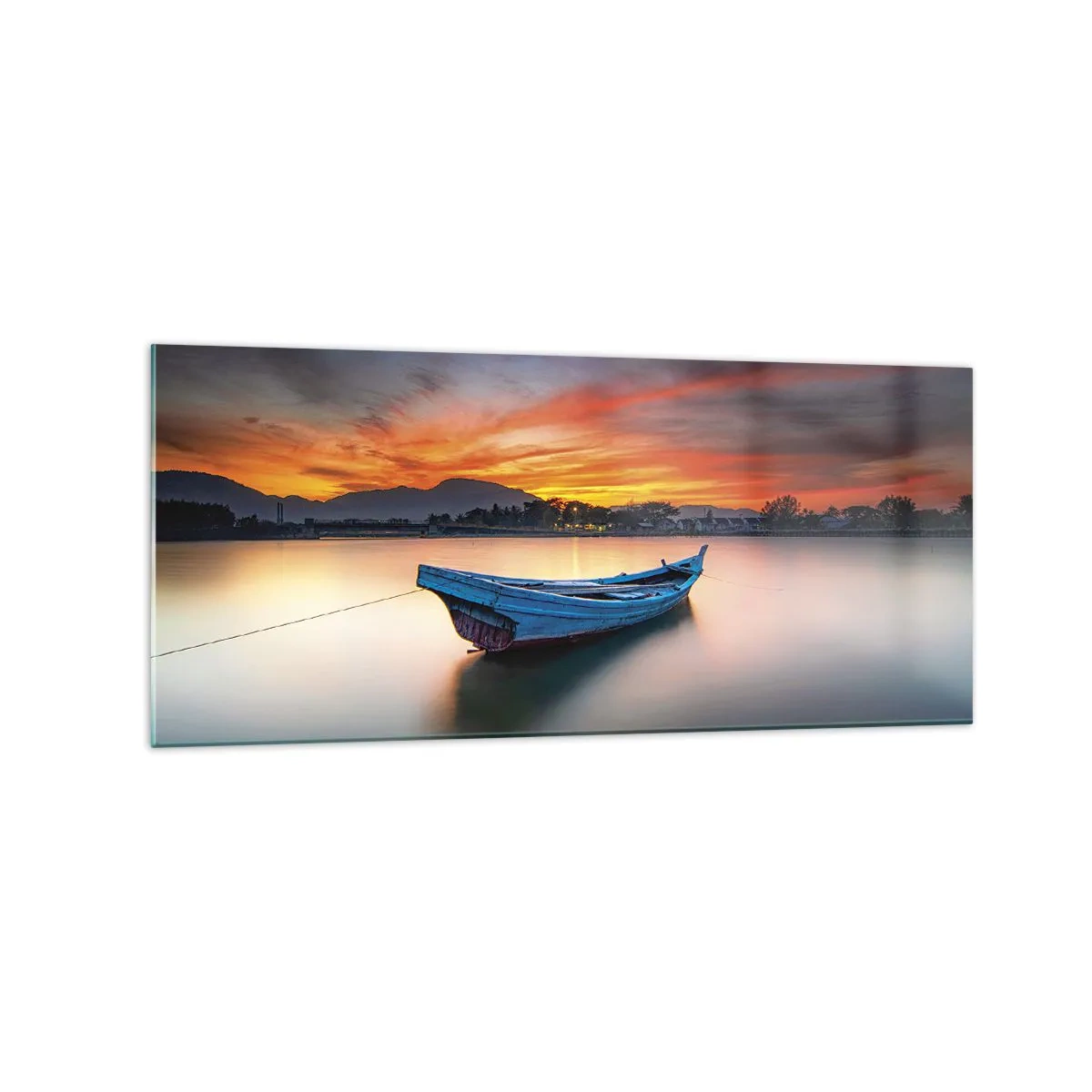 Glasbild - Bild auf glas - Ein Boot auf dem Wasser während eines malerischen Sonnenuntergangs - 120x50cm - Eine gute Nacht kommt - Moderne Wanddekoration für Wohnzimmer und Schlafzimmer ARTTOR