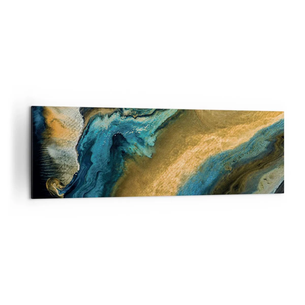 Bild auf Leinwand - Leinwandbild - Abstrakte Wellen in Gold- und Blautönen - 160x50cm - Blau - Gelb - gegenseitige Beeinflussung - Moderne Wanddekoration für Wohnzimmer und Schlafzimmer ARTTOR