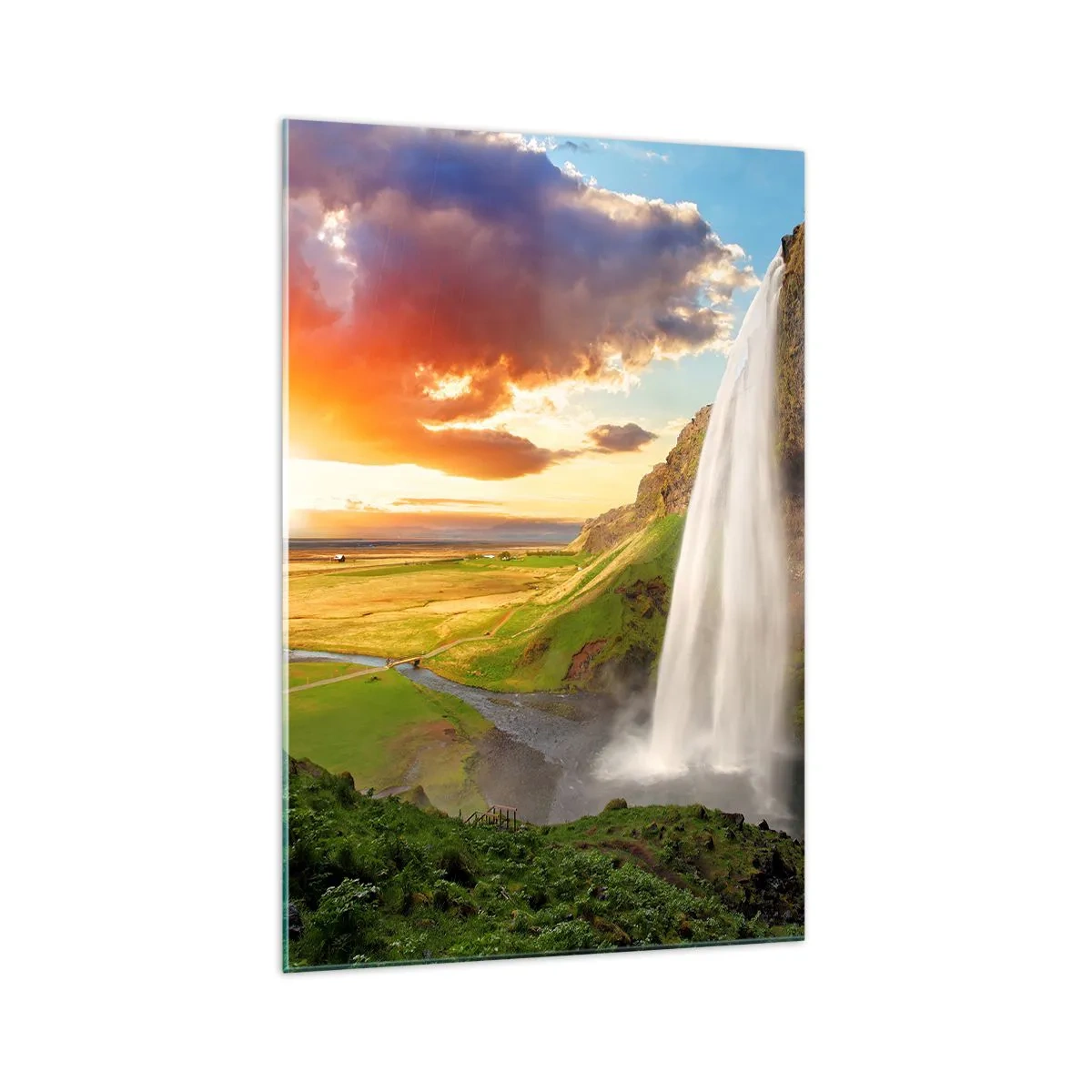 Glasbild - Bild auf glas - Ein Wasserfall in einer malerischen Landschaft bei Sonnenuntergang - 70x100cm - Die Fülle des isländischen Sommers - Moderne Wanddekoration für Wohnzimmer und Schlafzimmer ARTTOR