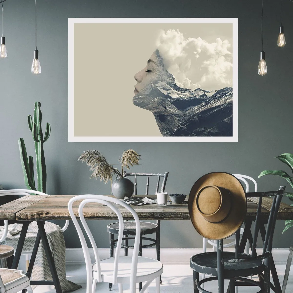 Poster - Silhouette einer Frau mit einer Berglandschaft im Hintergrund - 100x70cm - Die Schönheit der Elemente der Natur - Moderne Wanddekoration für Wohnzimmer und Schlafzimmer ARTTOR