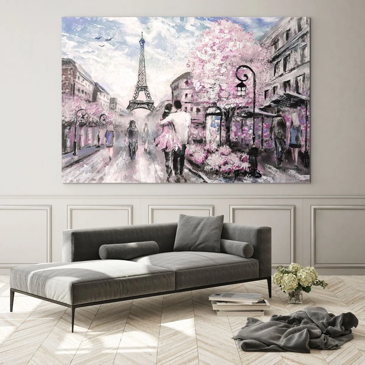Glasbild - Bild auf glas - Romantisches Paar in Paris mit dem Eiffelturm im Hintergrund - 70x50cm - Wie man sich verlieben kann, ist nur in ... - Moderne Wanddekoration für Wohnzimmer und Schlafzimmer ARTTOR