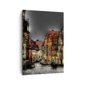Bild auf Leinwand - Leinwandbild - Bunte Mietshäuser auf einer Kopfsteinpflasterstraße in der historischen Stadt - 50x70cm - Es fehlt nur noch ein verzaubertes Taxi - Moderne Wanddekoration für Wohnzimmer und Schlafzimmer ARTTOR