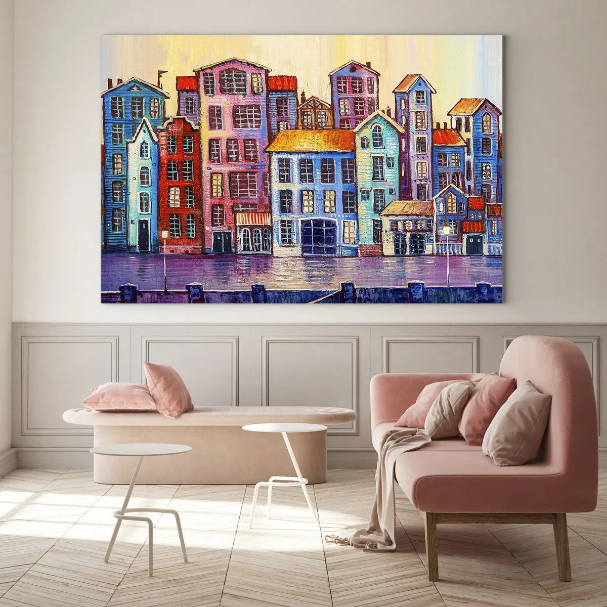 Glasbild - Bild auf glas - Bunte Mietshäuser spiegeln sich im Wasser - 70x50cm - Stadt wie aus einem Märchen - Moderne Wanddekoration für Wohnzimmer und Schlafzimmer ARTTOR