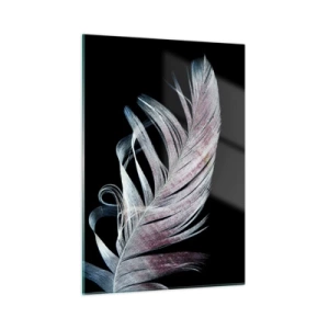 Glasbild - Bild auf glas - Eine zarte Feder auf schwarzem Hintergrund in einem künstlerischen Ansatz - 50x70cm - Denke an Berührung - Moderne Wanddekoration für Wohnzimmer und Schlafzimmer ARTTOR