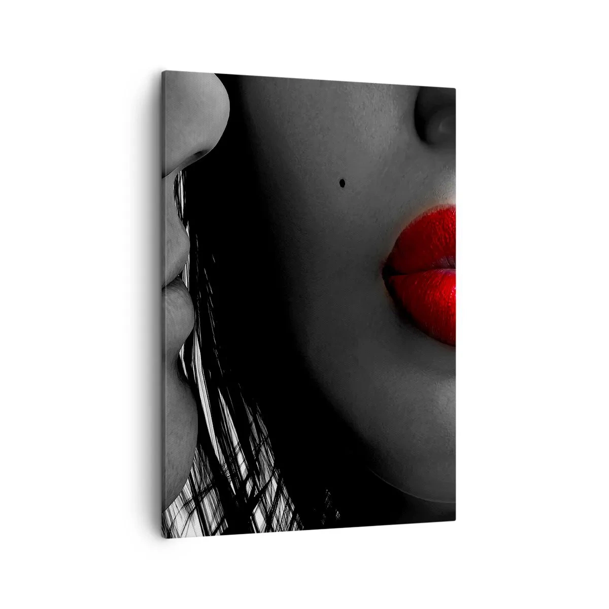 Bild auf Leinwand - Leinwandbild - Nahaufnahme der Gesichter einer Frau und eines Mannes mit roten Lippen. - 50x70cm - Gesicht am Gesicht - Moderne Wanddekoration für Wohnzimmer und Schlafzimmer ARTTOR