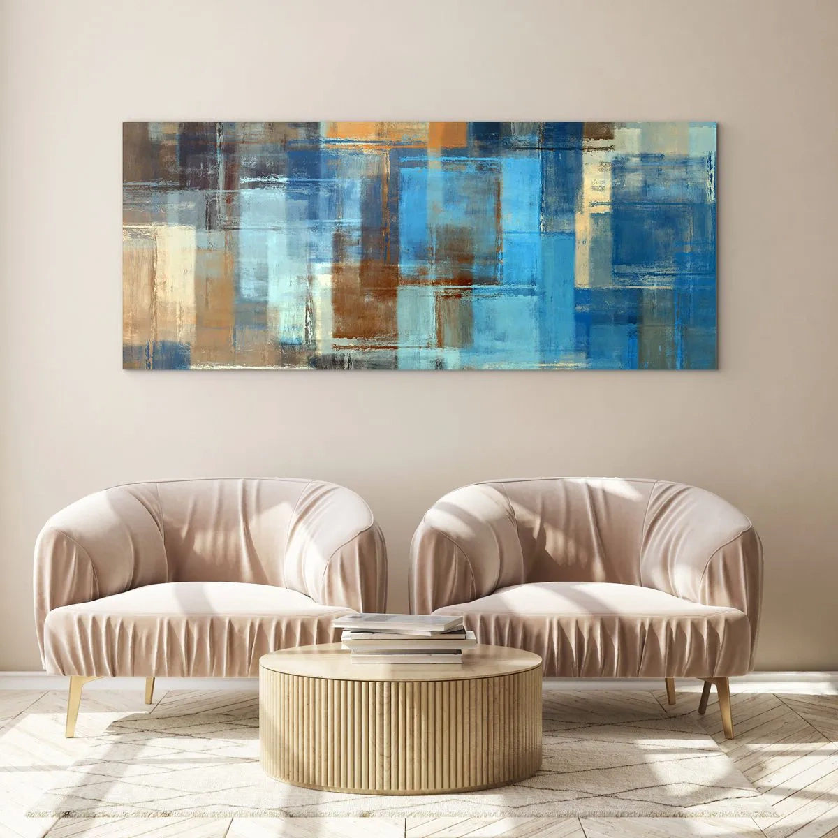 Glasbild - Bild auf glas - Abstrakte geometrische Komposition in Blau- und Brauntönen - 160x50cm - Durch den blauen Schleier - Moderne Wanddekoration für Wohnzimmer und Schlafzimmer ARTTOR