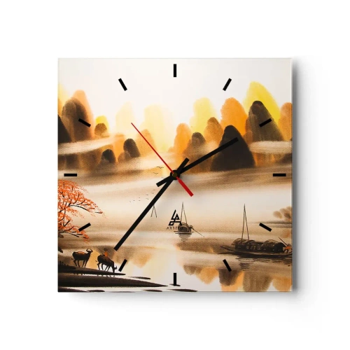 Wanduhr - Glasuhr - Eine orientalische Landschaft mit Fluss, Bergen und sanftem Nebel. - 30x30cm - Weiter als im Fernosten - Moderne Wanddekoration für Wohnzimmer und Schlafzimmer ARTTOR