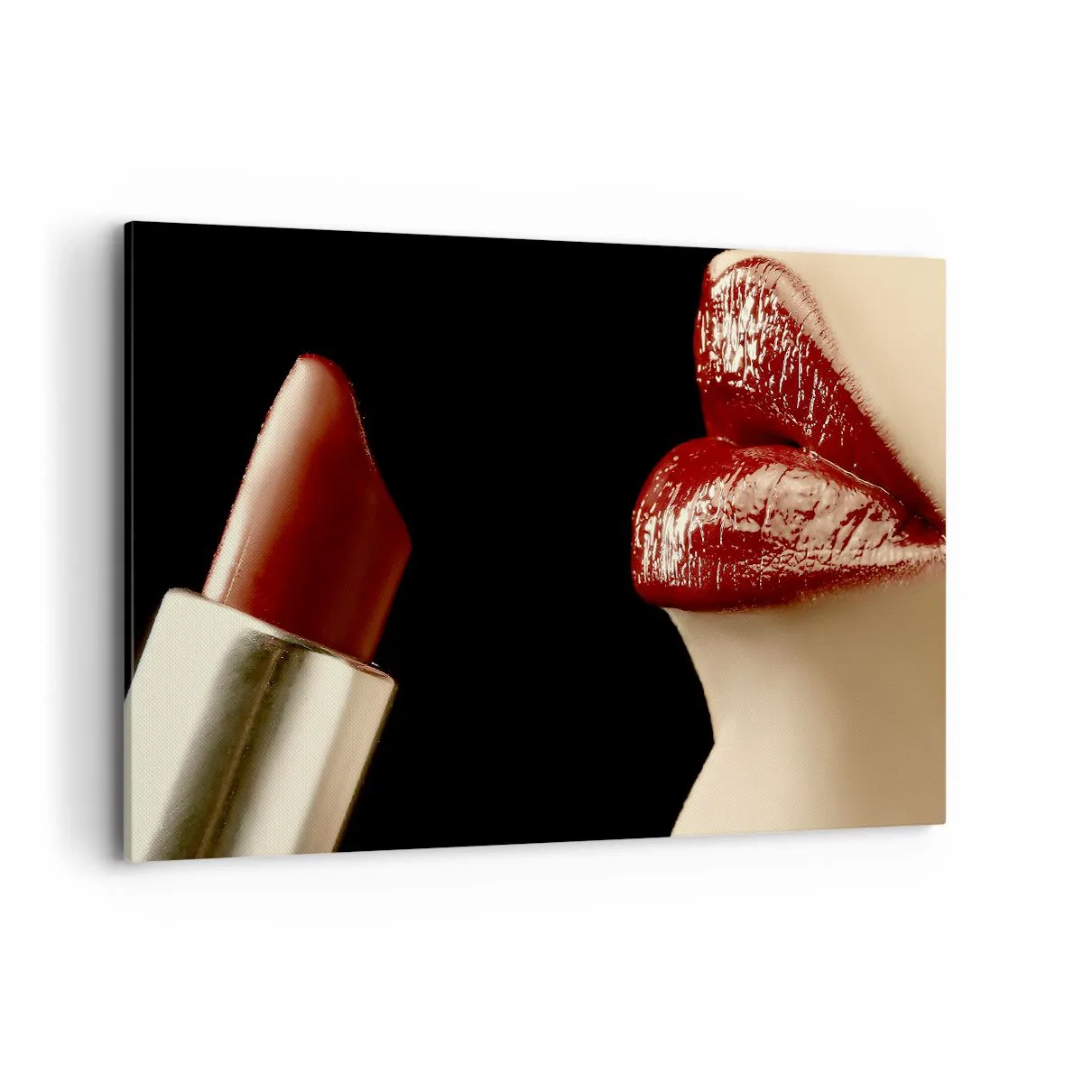Bild auf Leinwand - Leinwandbild - Rote Lippen und Lippenstift auf schwarzem Hintergrund - 120x80cm - Sinnlichkeit und Brillanz von Karmin - Moderne Wanddekoration für Wohnzimmer und Schlafzimmer ARTTOR