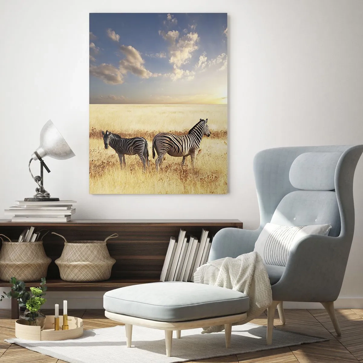 Glasbild - Bild auf glas - Zwei Zebras in der Savanne bei Sonnenuntergang - 50x70cm - Geh weg, sei nicht in Frieden - Moderne Wanddekoration für Wohnzimmer und Schlafzimmer ARTTOR
