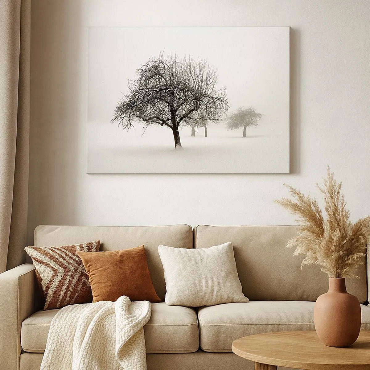 Bild auf Leinwand - Leinwandbild - Bäume auf einem schneebedeckten Feld, umgeben von Nebel - 70x50cm - Winterschlaf - Moderne Wanddekoration für Wohnzimmer und Schlafzimmer ARTTOR