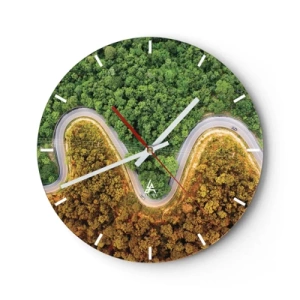 Wanduhr - Glasuhr - Eine kurvenreiche Asphaltstraße, die durch den Wald führt, von oben gesehen - 30x30cm - Grenzen und Durchbrüche - Moderne Wanddekoration für Wohnzimmer, Küche und Schlafzimmer ARTTOR