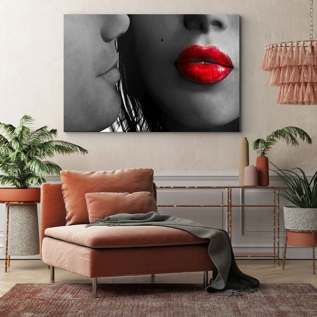 Bild auf Leinwand - Leinwandbild - Nahaufnahme der Gesichter einer Frau und eines Mannes mit roten Lippen. - 70x50cm - Gesicht am Gesicht - Moderne Wanddekoration für Wohnzimmer und Schlafzimmer ARTTOR