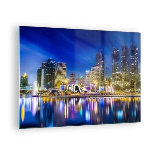 Glasbild - Bild auf glas - Panorama der Stadt bei Nacht mit den im Wasser reflektierten Lichtern - 70x50cm - Metropolis bei Regenbogennacht - Moderne Wanddekoration für Wohnzimmer und Schlafzimmer ARTTOR