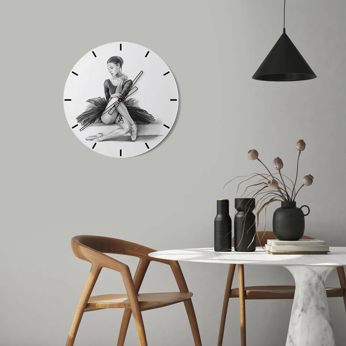 Wanduhr - Glasuhr - Skizze einer Ballerina in klassischer Pose - 30x30cm - Vom Tanz verzaubert - Moderne Wanddekoration für Wohnzimmer, Küche und Schlafzimmer ARTTOR