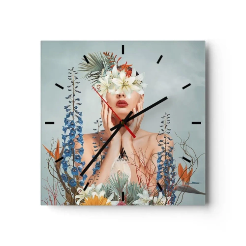 Wanduhr - Glasuhr - Frauenporträt mit floralem Motiv vor blauem Hintergrund - 30x30cm - Frau - Blume - Moderne Wanddekoration für Wohnzimmer und Schlafzimmer ARTTOR