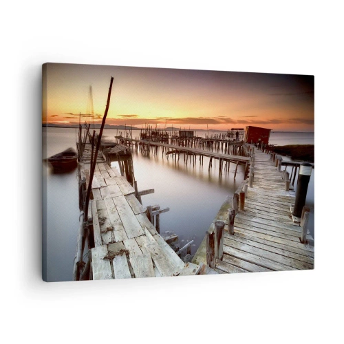 Bild auf Leinwand - Leinwandbild - Holzstege auf ruhigem Wasser bei Sonnenuntergang - 70x50cm - Authentisch, keine Touristenattrappe - Moderne Wanddekoration für Wohnzimmer und Schlafzimmer ARTTOR