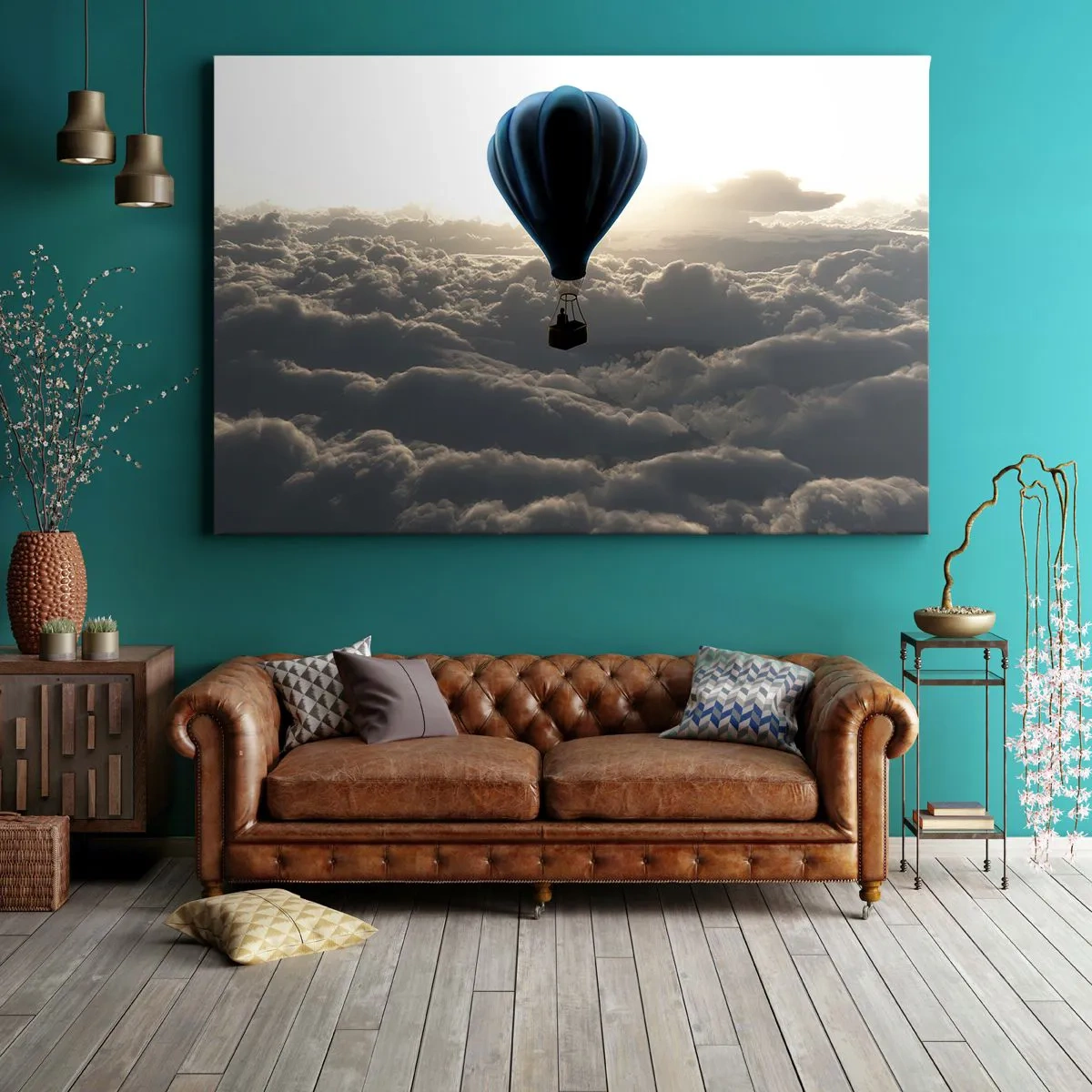 Bild auf Leinwand - Leinwandbild - Ein Heißluftballon vor einem Himmel mit Wolken bei Sonnenuntergang - 120x80cm - Ein Wanderer über den Wolken - Moderne Wanddekoration für Wohnzimmer und Schlafzimmer ARTTOR