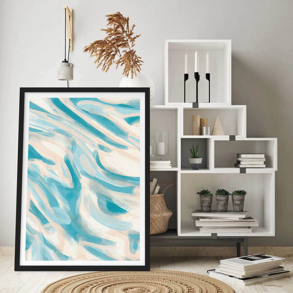 Poster in einem schwarzem Rahmen - Abstrakte Wellen in Blau- und Beigetönen - 50x70cm - Frühlingsbrisen - Moderne Wanddekoration für Wohnzimmer und Schlafzimmer ARTTOR
