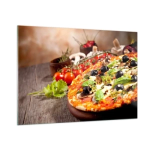 Glasbild - Bild auf glas - Pizza mit Oliven, Champignons und frischen Kräutern auf einem Holztisch - 100x70cm - Aus den tellurischen Zutaten - Moderne Wanddekoration für Wohnzimmer und Schlafzimmer ARTTOR