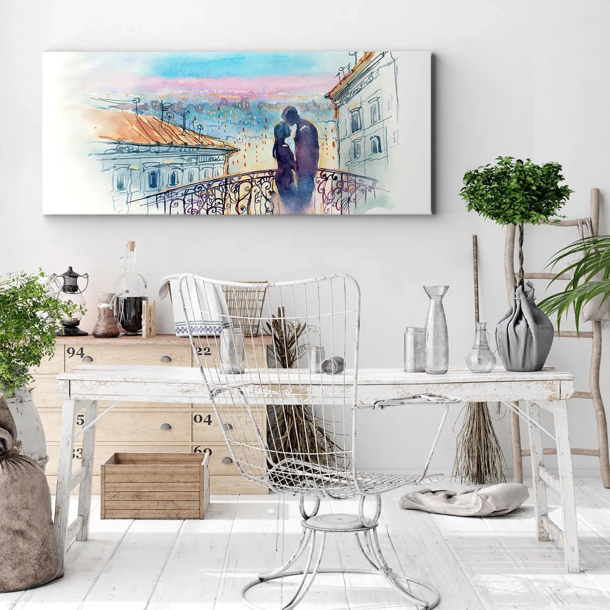 Bild auf Leinwand - Leinwandbild - Romantisches Paar auf einem Balkon mit Blick auf die Stadt - 120x50cm - Paris-Liebhaber - Moderne Wanddekoration für Wohnzimmer und Schlafzimmer ARTTOR