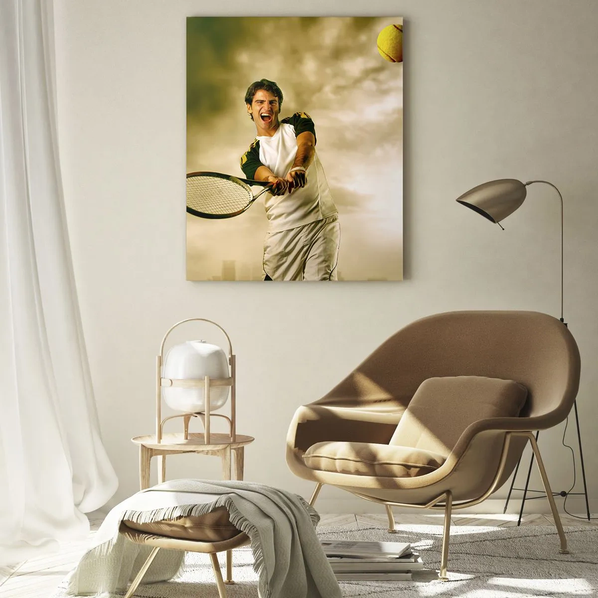 Glasbild - Bild auf glas - Ein Tennisspieler schlägt den Ball vor der Kulisse einer Stadt - 50x70cm - Energie und Freude - Moderne Wanddekoration für Wohnzimmer und Schlafzimmer ARTTOR