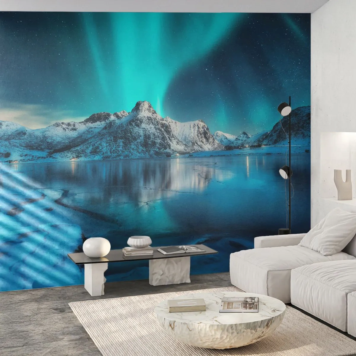 Fototapete Premium Canvas - Aurora Borealis über schneebedeckten Bergen und einem See - 100x70cm - Lichtnacht - Moderne Wanddekoration für Wohnzimmer und Schlafzimmer ARTTOR