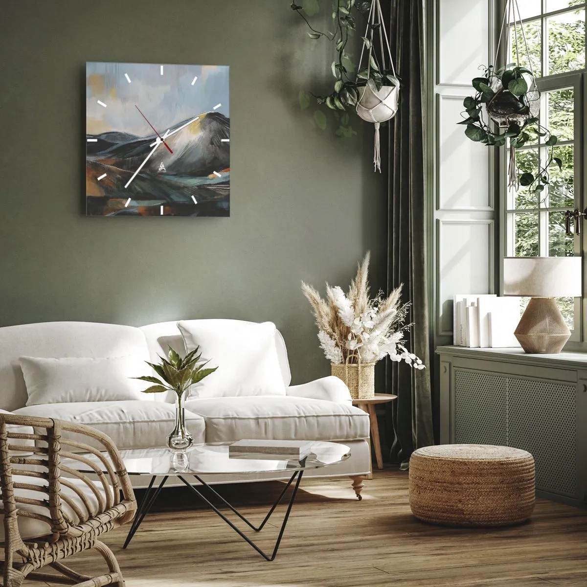 Wanduhr - Glasuhr - Abstrakte Berglandschaft in warmen Farbtönen - 30x30cm - Roh und schön - Moderne Wanddekoration für Wohnzimmer und Schlafzimmer ARTTOR