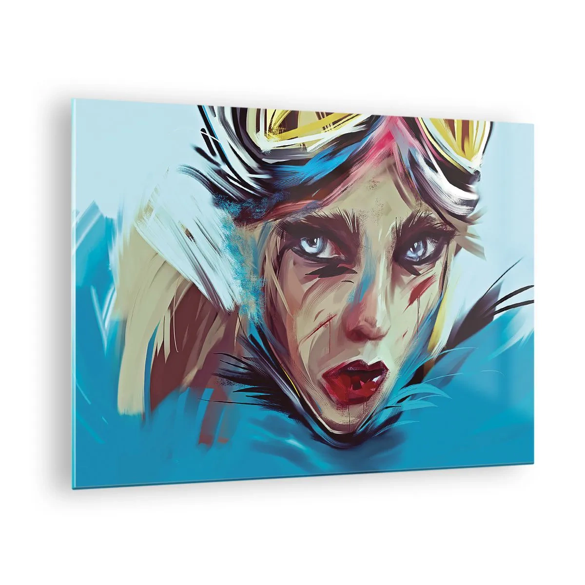 Glasbild - Bild auf glas - Porträt einer Frau mit Schutzbrille und blauen Pinselstrichen - 70x50cm - Strassenkämpferin - Moderne Wanddekoration für Wohnzimmer und Schlafzimmer ARTTOR