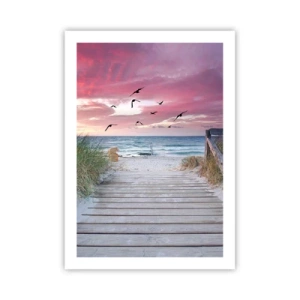 Poster - Holzweg am Strand mit Blick auf das Meer bei Sonnenuntergang - 50x70cm - Baltischer Eindruck - Moderne Wanddekoration für Wohnzimmer und Schlafzimmer ARTTOR