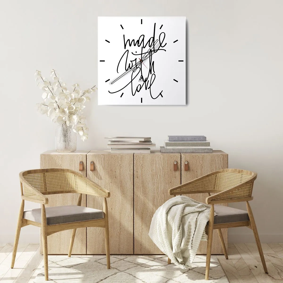 Wanduhr - Glasuhr - Schwarze Aufschrift „Made with love“ auf weißem Hintergrund - 30x30cm - Die beste Marke - Moderne Wanddekoration für Wohnzimmer und Schlafzimmer ARTTOR