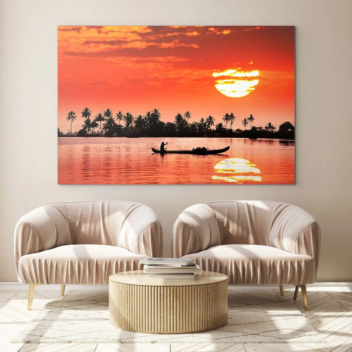 Glasbild - Bild auf glas - Sonnenuntergang über dem Fluss mit Palmen und einem Boot - 120x80cm - Die Ruhe der Tropen bei Sonnenuntergang - Moderne Wanddekoration für Wohnzimmer und Schlafzimmer ARTTOR