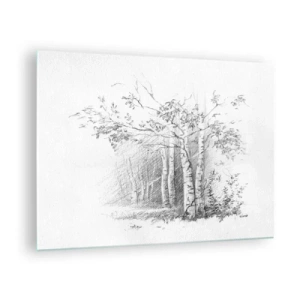 Glasbild - Bild auf glas - Skizze eines Birkenwaldes in monochromen Tönen - 70x50cm - Das Licht des Birkenwaldes - Moderne Wanddekoration für Wohnzimmer und Schlafzimmer ARTTOR