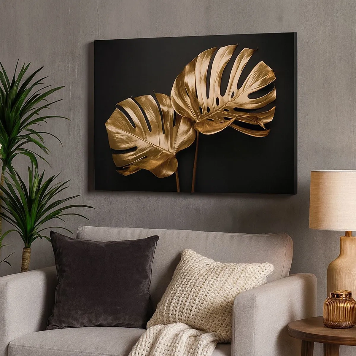 Bild auf Leinwand - Leinwandbild - Goldene Monstera-Blätter auf schwarzem Hintergrund - 70x50cm - Die Schätze der Natur - Moderne Wanddekoration für Wohnzimmer und Schlafzimmer ARTTOR