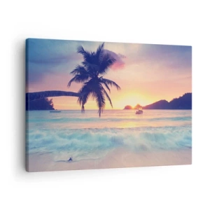 Bild auf Leinwand - Leinwandbild - Strand mit Palmen und Sonnenuntergang über dem Meer - 70x50cm - Ein Abend in der Bucht - Moderne Wanddekoration für Wohnzimmer und Schlafzimmer ARTTOR