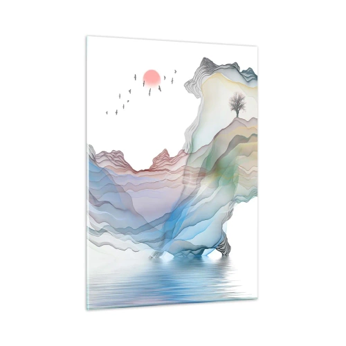 Glasbild - Bild auf glas - Bunte Berge mit einem Boot auf dem Wasser im Aquarellstil - 50x70cm - Zu den Kristallbergen - Moderne Wanddekoration für Wohnzimmer und Schlafzimmer ARTTOR