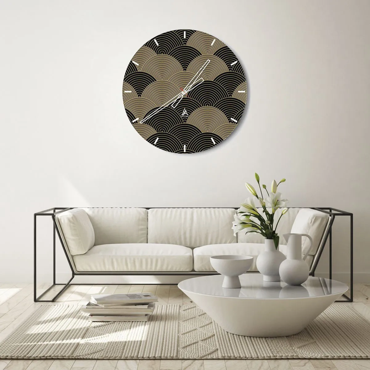 Wanduhr - Glasuhr - Abstraktes Muster aus goldenen Halbkreisen auf schwarzem Hintergrund - 30x30cm - Einheit in der Vielfalt - Moderne Wanddekoration für Wohnzimmer, Küche und Schlafzimmer ARTTOR