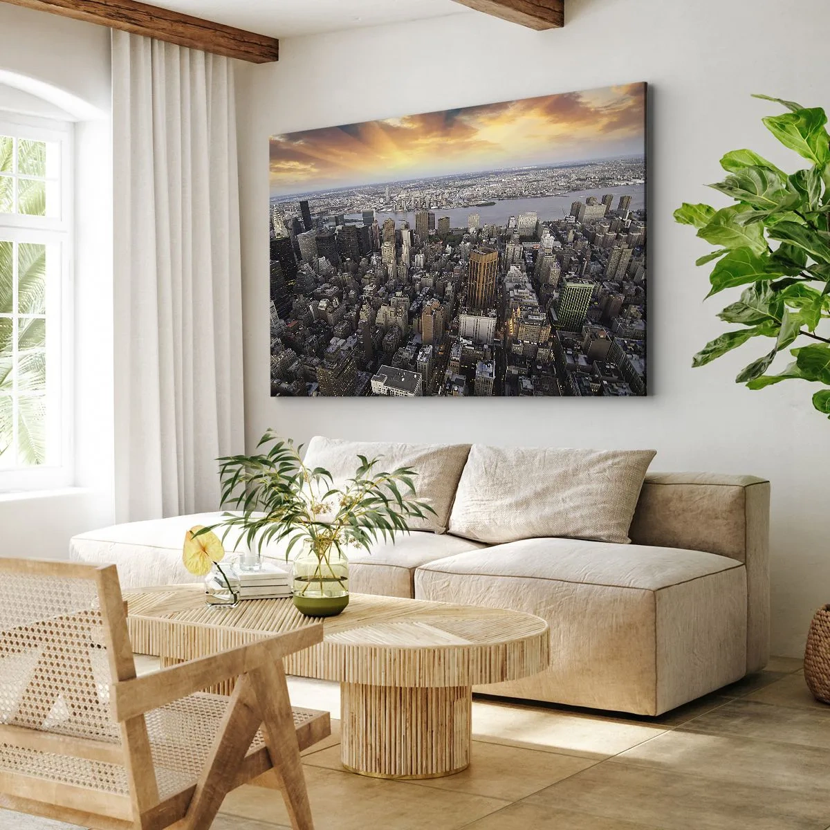 Bild auf Leinwand - Leinwandbild - Blick auf die Metropole mit der untergehenden Sonne - 120x80cm - Das schlagende Herz unserer Zeit - Moderne Wanddekoration für Wohnzimmer und Schlafzimmer ARTTOR