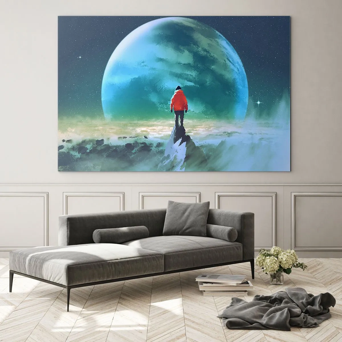Glasbild - Bild auf glas - Eine Figur in einer roten Jacke vor dem Hintergrund eines riesigen Planeten und Sternen - 100x70cm - Entdecker des neuen Landes - Moderne Wanddekoration für Wohnzimmer und Schlafzimmer ARTTOR