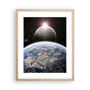 Poster in einem Rahmen aus heller Eiche - Weltraumlandschaft - Sonnenaufgang - 40x50 cm