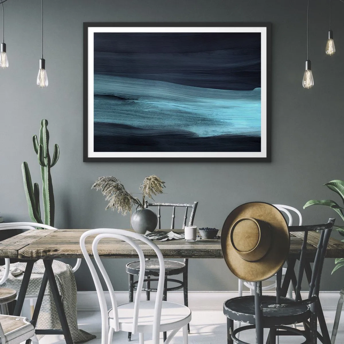 Poster in einem schwarzem Rahmen - Dezente abstrakte Wellen in dunklen Blautönen - 70x50cm - Gehen Sie mit dem Strom - Moderne Wanddekoration für Wohnzimmer und Schlafzimmer ARTTOR