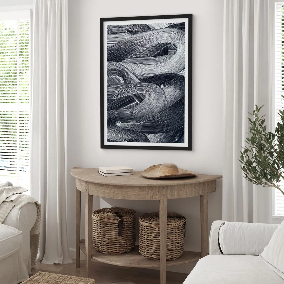 Poster in einem schwarzem Rahmen - Abstrakte schwarze und weiße Linien in einem harmonischen Geflecht - 50x70cm - Die Fließfähigkeit der Realität - Moderne Wanddekoration für Wohnzimmer und Schlafzimmer ARTTOR