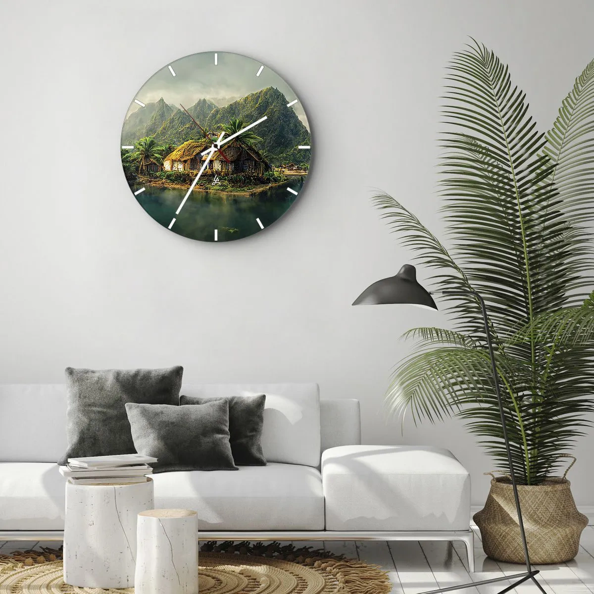 Wanduhr - Glasuhr - Palmenhütten über dem Wasser, umgeben von tropischen Bergen - 30x30cm - Tropisches Paradies - Moderne Wanddekoration für Wohnzimmer, Küche und Schlafzimmer ARTTOR