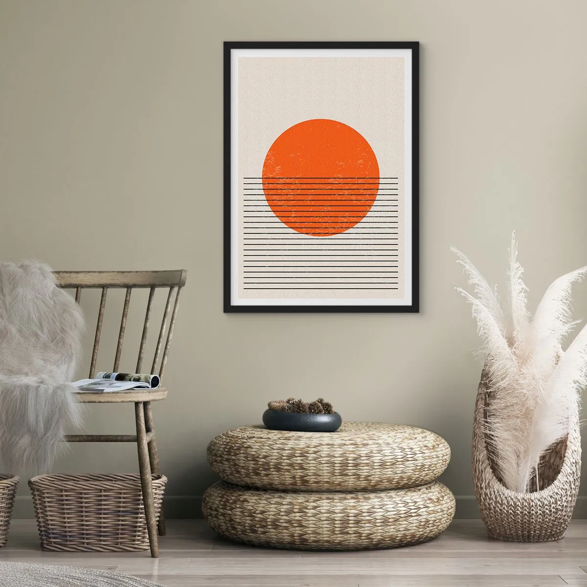 Poster in einem schwarzem Rahmen - Ein minimalistischer Sonnenuntergang in geometrischer Form - 50x70cm - Immer die Sonne - Moderne Wanddekoration für Wohnzimmer und Schlafzimmer ARTTOR