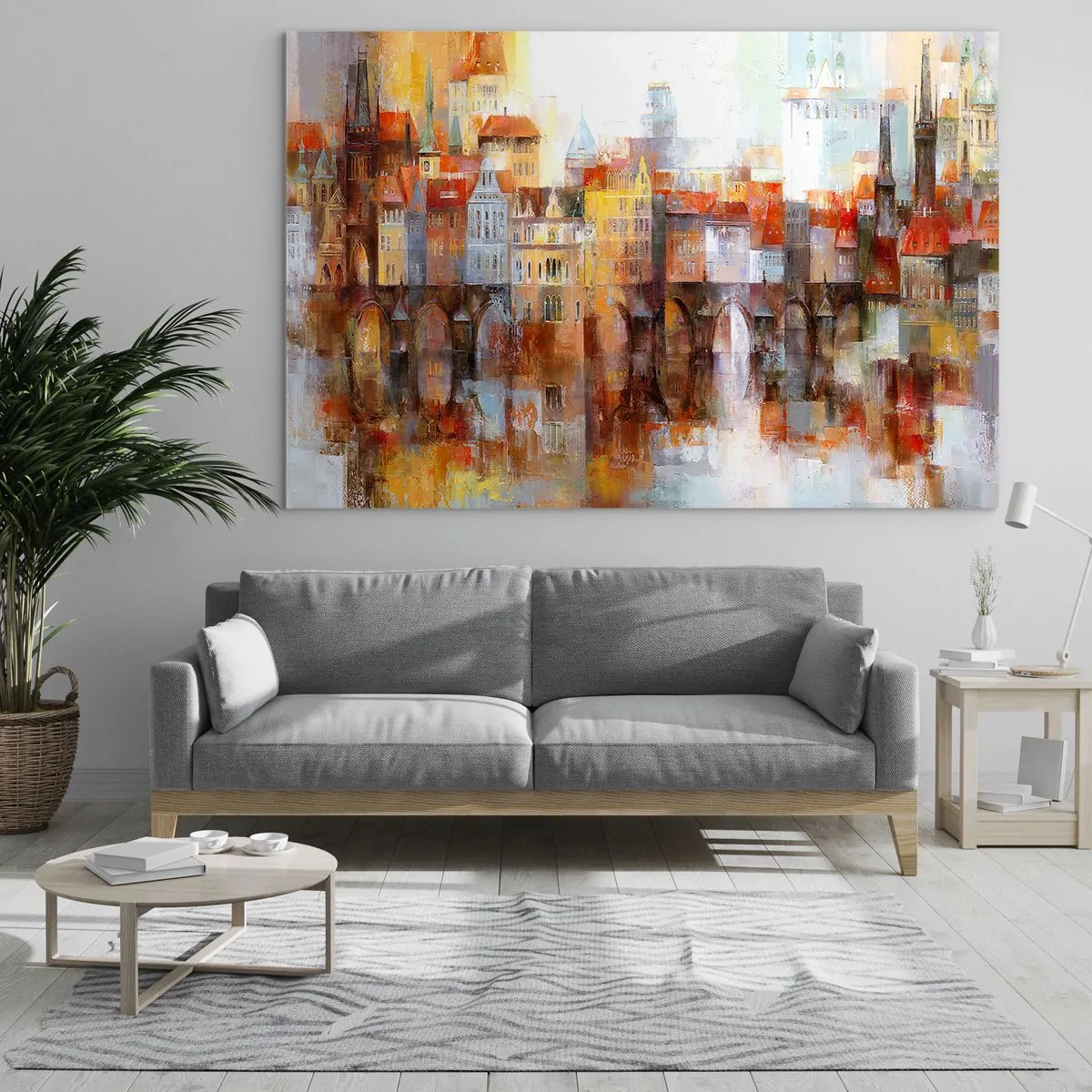 Glasbild - Bild auf glas - Farbenfrohes Stadtpanorama mit Brücke und Spiegelung im Wasser - 120x80cm - Schön ist es auch unter der Brücke - Moderne Wanddekoration für Wohnzimmer und Schlafzimmer ARTTOR