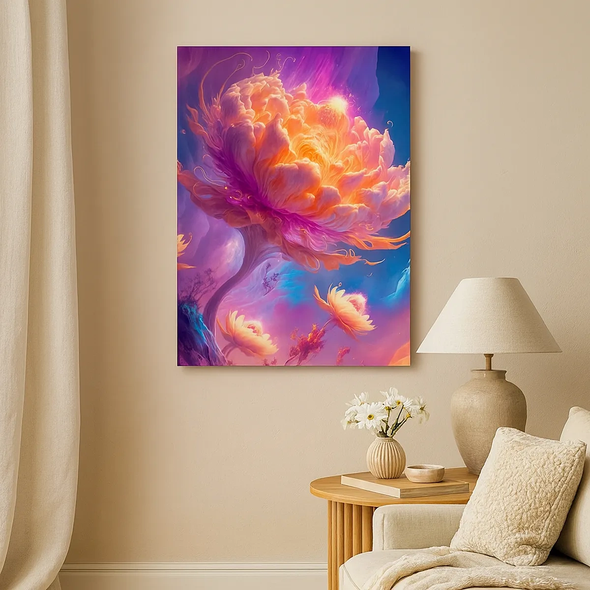 Bild auf Leinwand - Leinwandbild - Fantasieblumen in einer kosmischen Landschaft - 50x70cm - Andere Welt - Moderne Wanddekoration für Wohnzimmer und Schlafzimmer ARTTOR