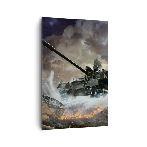 Bild auf Leinwand - Leinwandbild - Kampfszene mit Panzern und Flugzeugen im Hintergrund - 80x120cm - Der Kampf ist schrecklich und schön - Moderne Wanddekoration für Wohnzimmer und Schlafzimmer ARTTOR