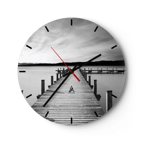 Wanduhr - Glasuhr - Ein Holzsteg, der in die Tiefen eines ruhigen Sees führt - 30x30cm - An der Wasserstelle - Ruhe - Moderne Wanddekoration für Wohnzimmer, Küche und Schlafzimmer ARTTOR