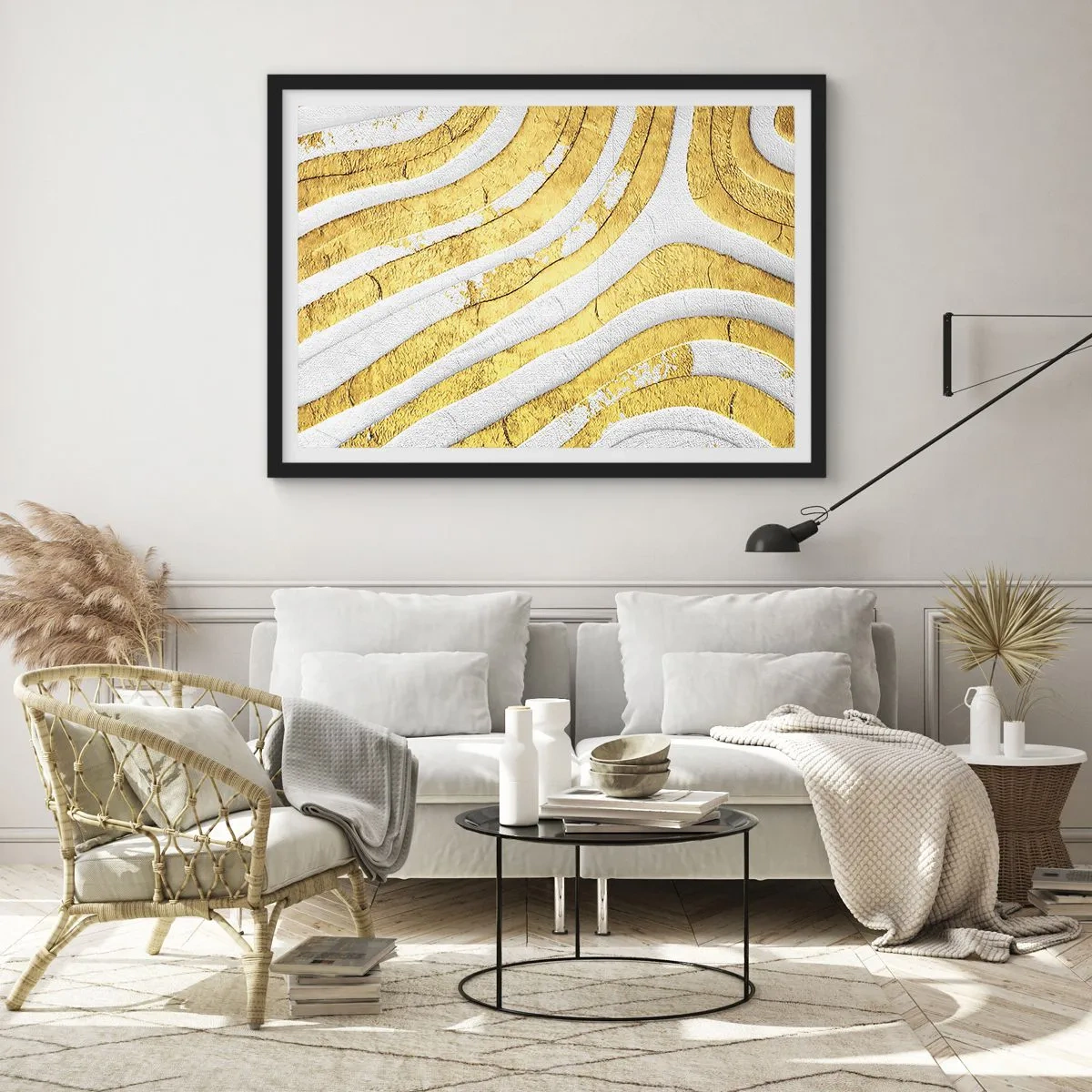 Poster in einem schwarzem Rahmen - Gold- und Weiß-abstrakte Linien in einer 3D-Textur - 70x50cm - Komposition in Weiß und Gold - Moderne Wanddekoration für Wohnzimmer und Schlafzimmer ARTTOR